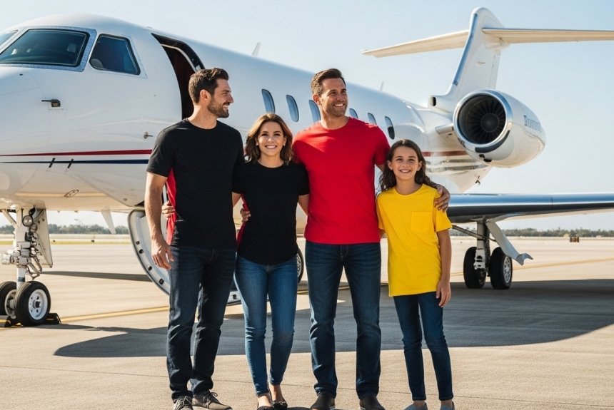 A Happy Family Standing In Front Of Private Jet